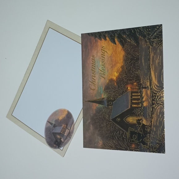 $2 Add-on Foil Snowy Church Scene Christmas Card & Envelope Gold - Picture 1 of 9